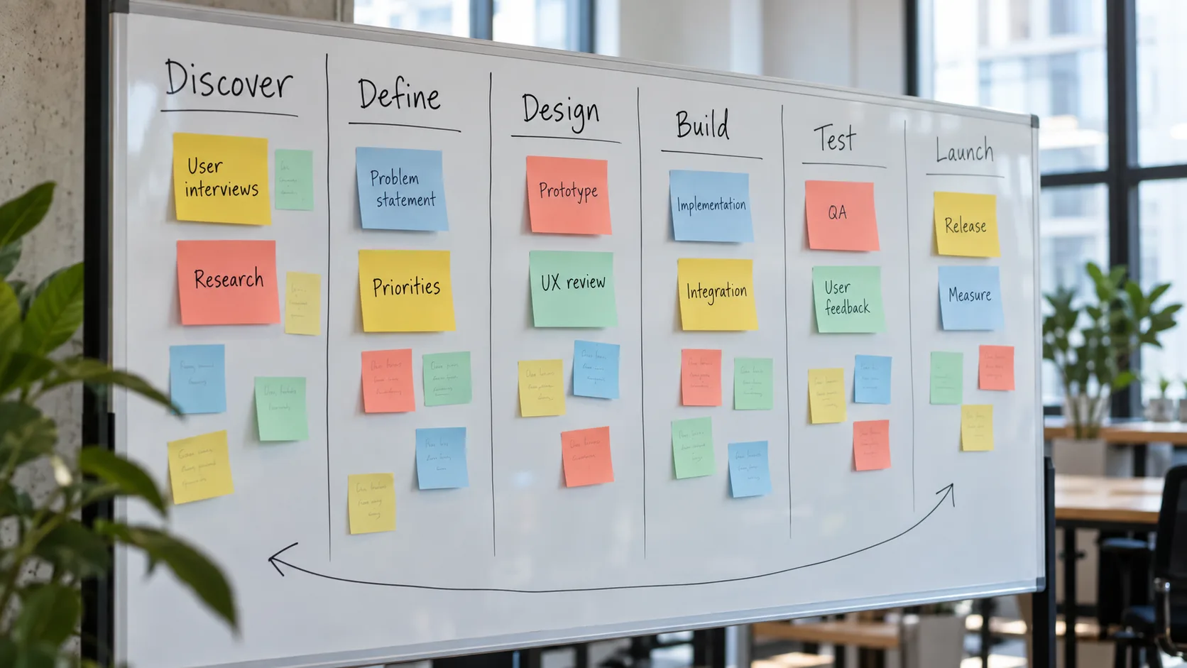 Illustrative product workshop whiteboard with sticky notes moving from discovery through launch
